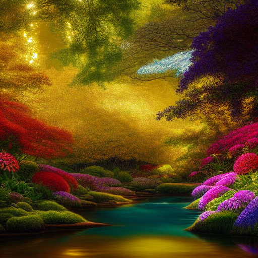 Sunlight filters through the lush canopy, casting a golden glow over the vibrant colors of the flowers, as Lucas stands in awe, surrounded by a mesmerizing sea of petals.